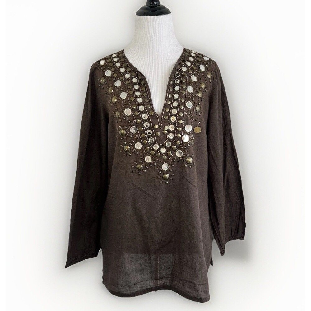 Michael Kors Blouse Tunic M Women Resort Wear Vacation Beach Sequins 100% Cotton